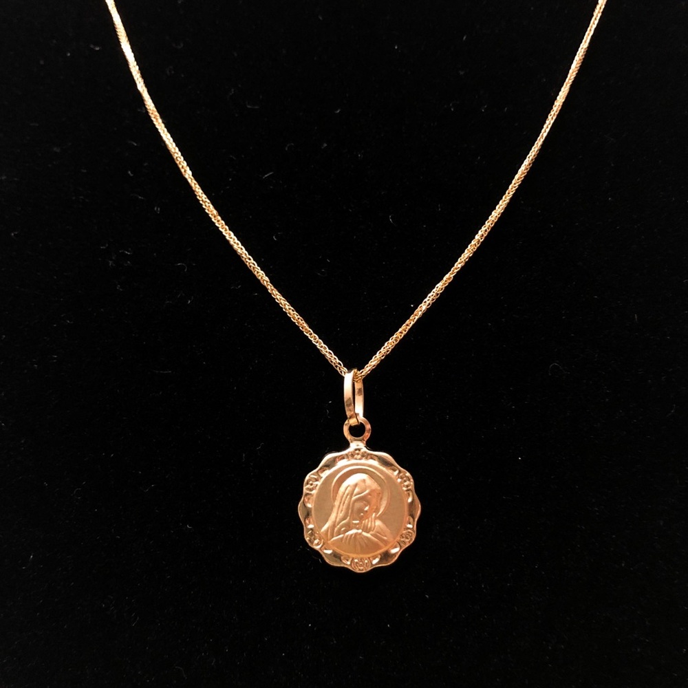18K Solid Yellow Gold Mama Mary Coin Necklace - Picture 1 of 3